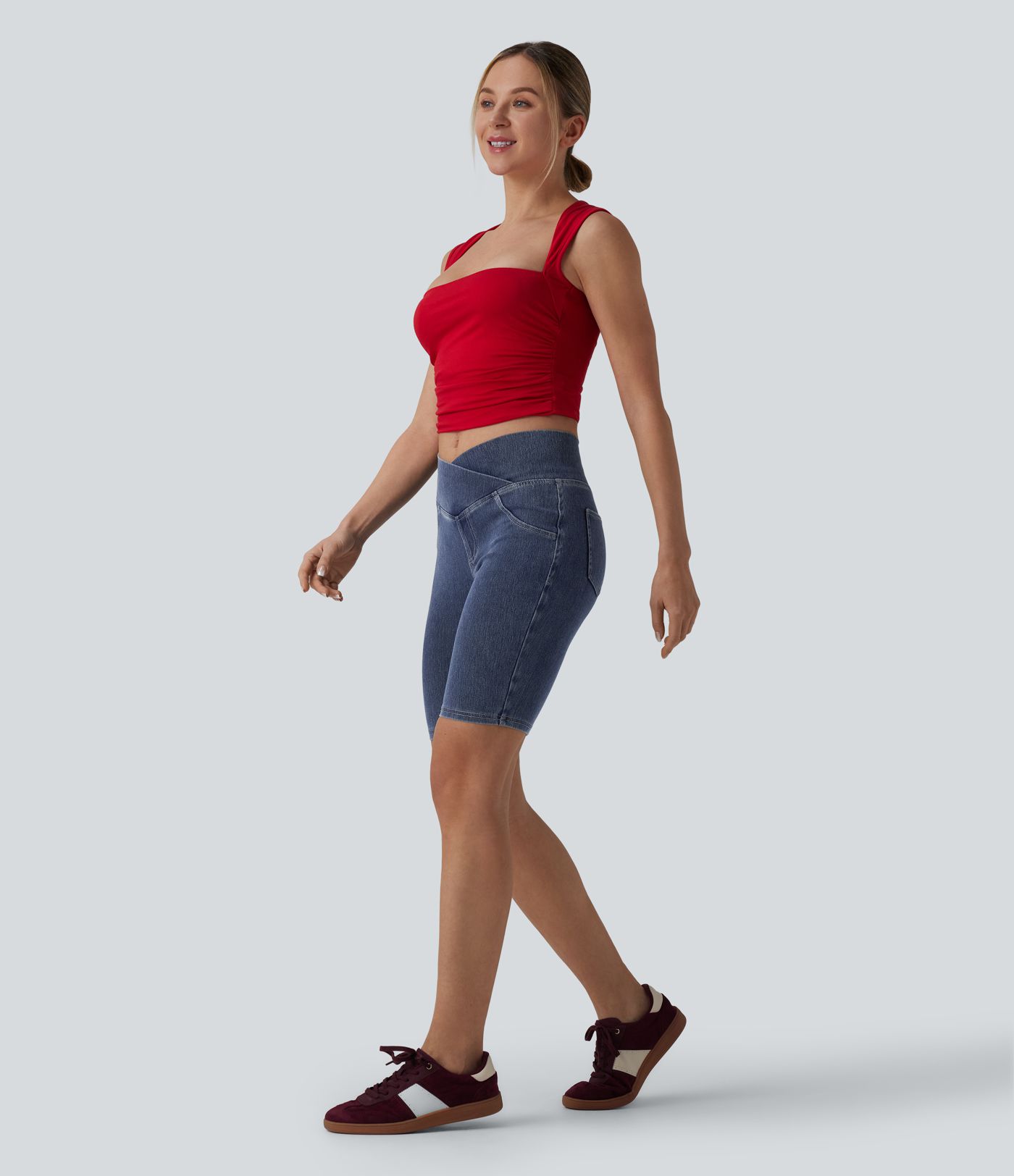 Halara Flex™ Crossover Mid Rise Denim Casual Skinny Shorts 9'' with Pockets