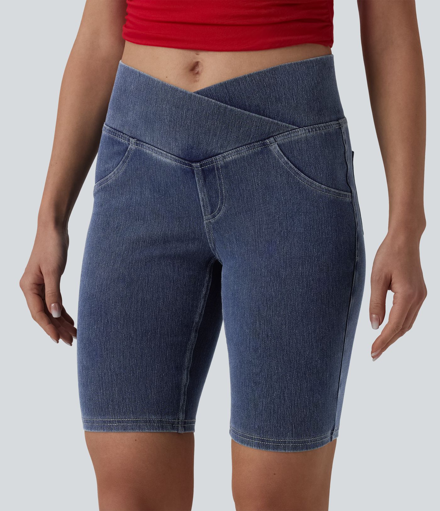 Halara Flex™ Crossover Mid Rise Denim Casual Skinny Shorts 9'' with Pockets