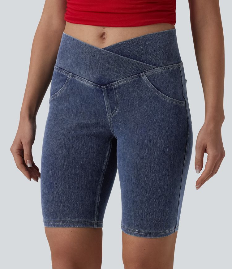 Halara Flex™ Crossover Mid Rise Denim Casual Skinny Shorts 9'' with Pockets