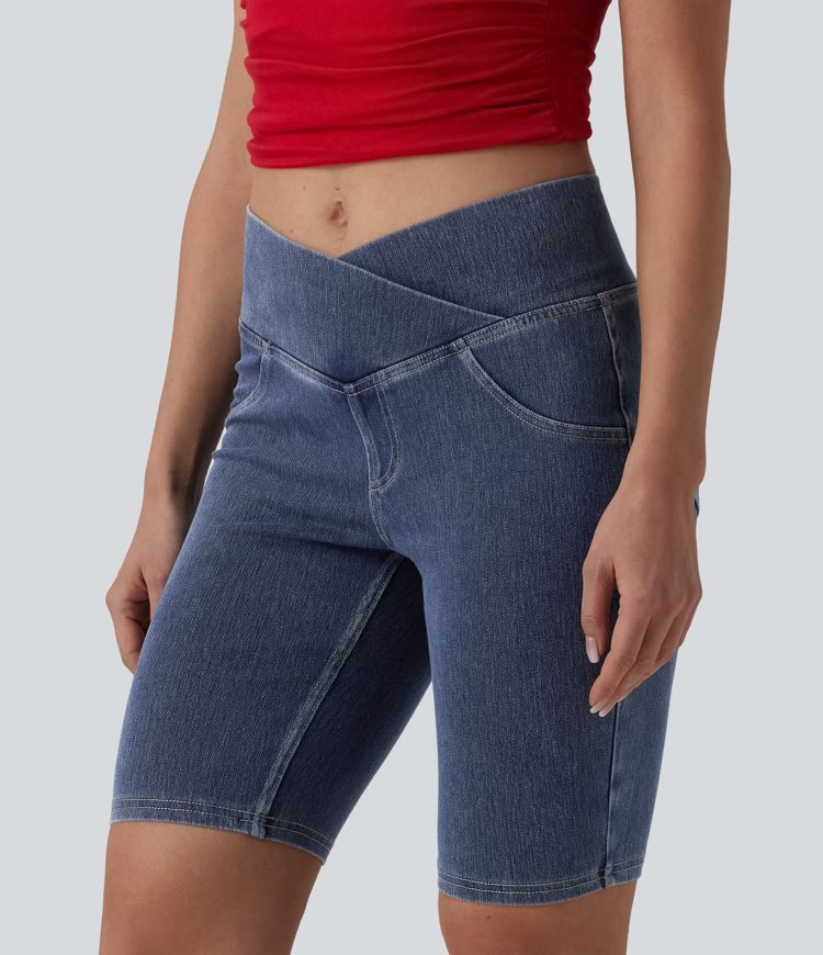 Halara Flex™ Crossover Mid Rise Denim Casual Skinny Shorts 9'' with Pockets