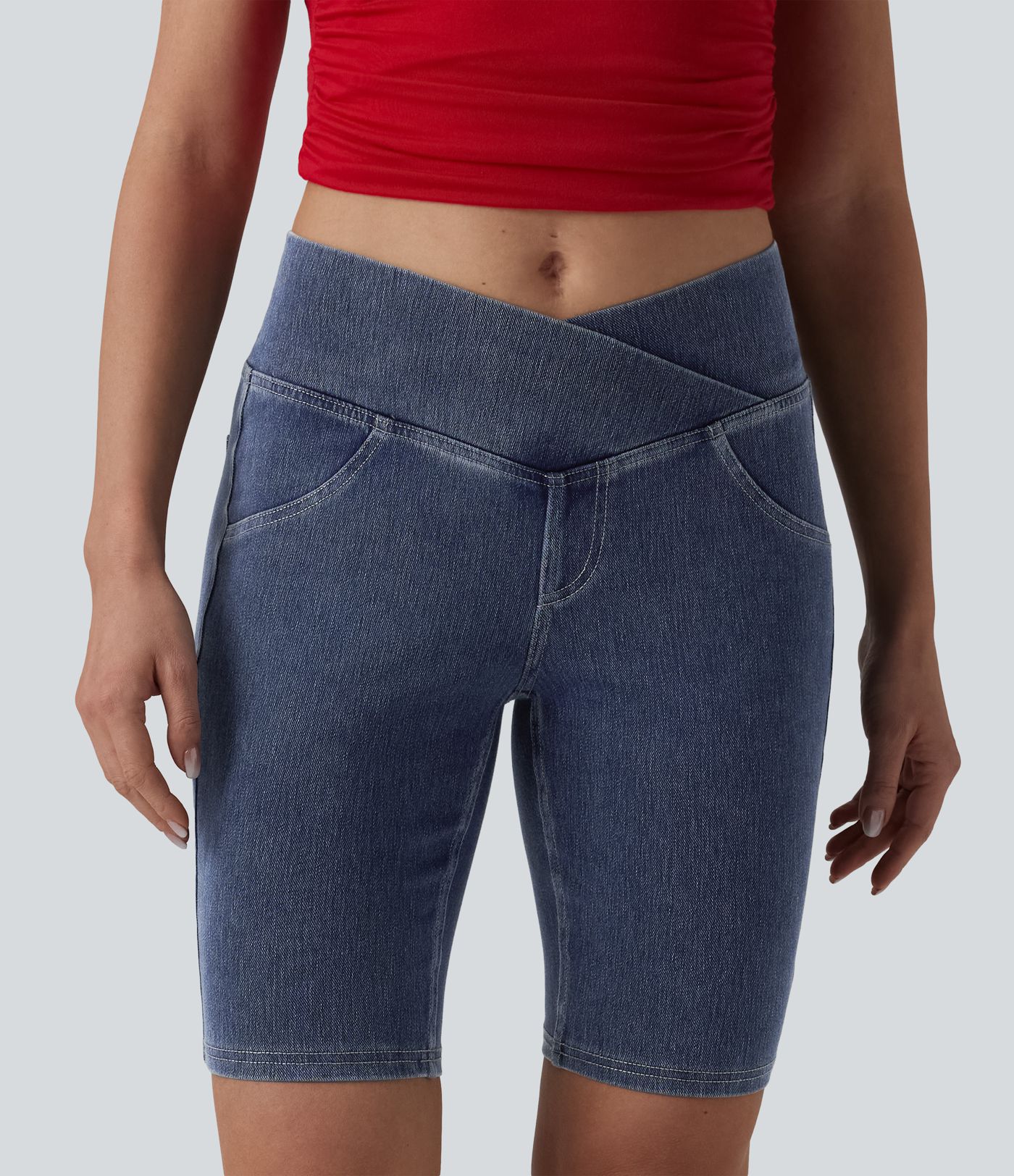 Halara Flex™ Crossover Mid Rise Denim Casual Skinny Shorts 9'' with Pockets