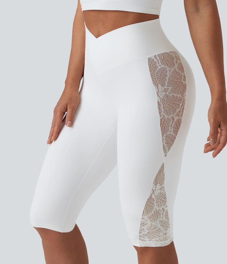 SoftlyZero™ High Waisted Crossover Contrast Lace Pedal Pusher Yoga Leggings with Pocket-UPF50+