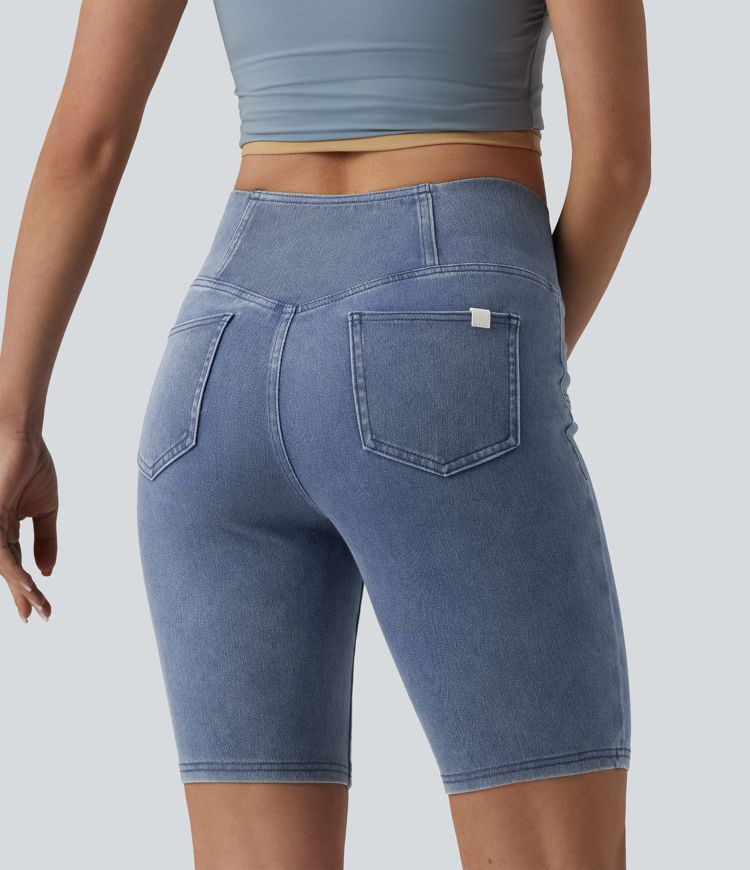 Halara Flex™ Crossover Mid Rise Denim Casual Skinny Shorts 9'' with Pockets Halara Flex™ Crossover Mid Rise Denim Casual Skinny Shorts 9'' with Pockets