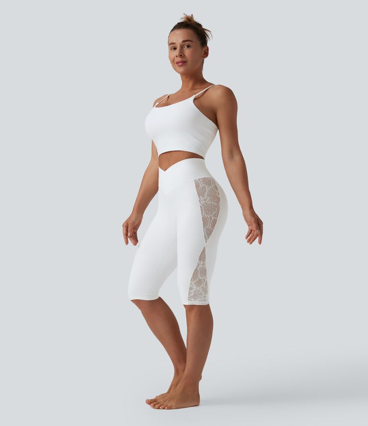 SoftlyZero™ High Waisted Crossover Contrast Lace Pedal Pusher Yoga Leggings with Pocket-UPF50+