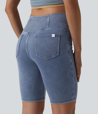 Halara Flex™ Crossover Mid Rise Denim Casual Skinny Shorts 9'' with Pockets Halara Flex™ Crossover Mid Rise Denim Casual Skinny Shorts 9'' with Pockets