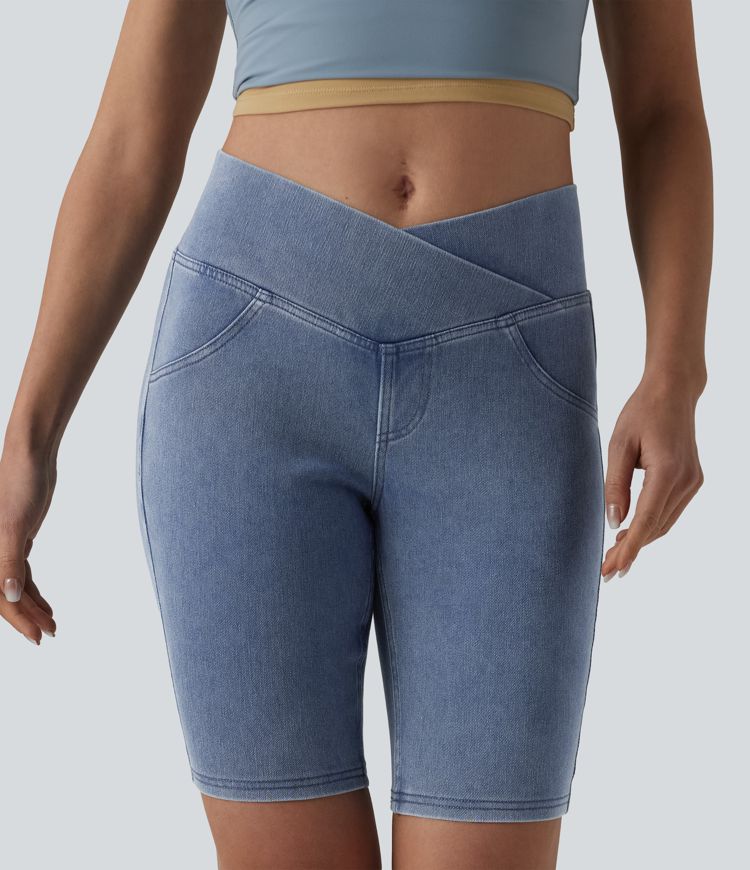 Halara Flex™ Crossover Mid Rise Denim Casual Skinny Shorts 9'' with Pockets Halara Flex™ Crossover Mid Rise Denim Casual Skinny Shorts 9'' with Pockets