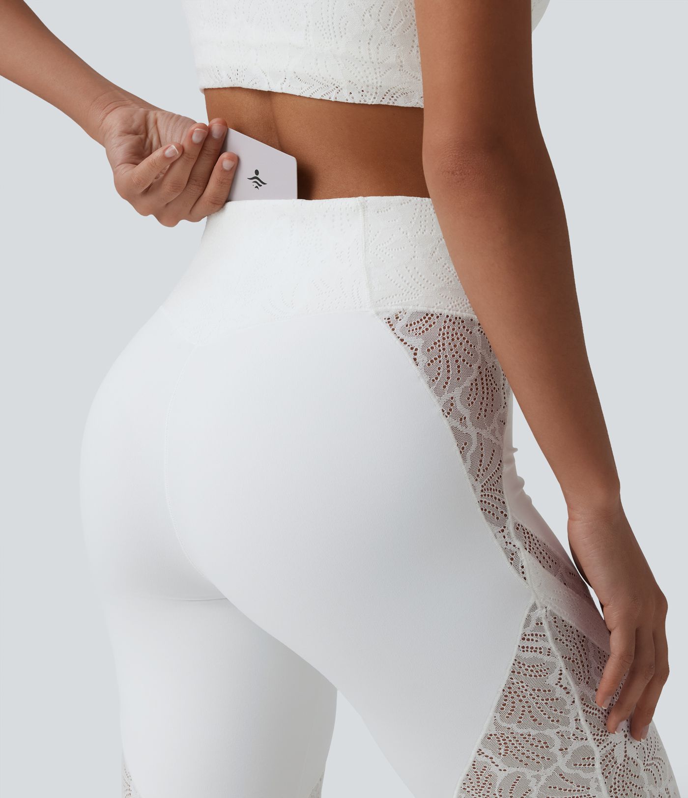 SoftlyZero™ High Waisted Crossover Contrast Lace Bootcut Pedal Pusher Yoga Leggings with Pocket
