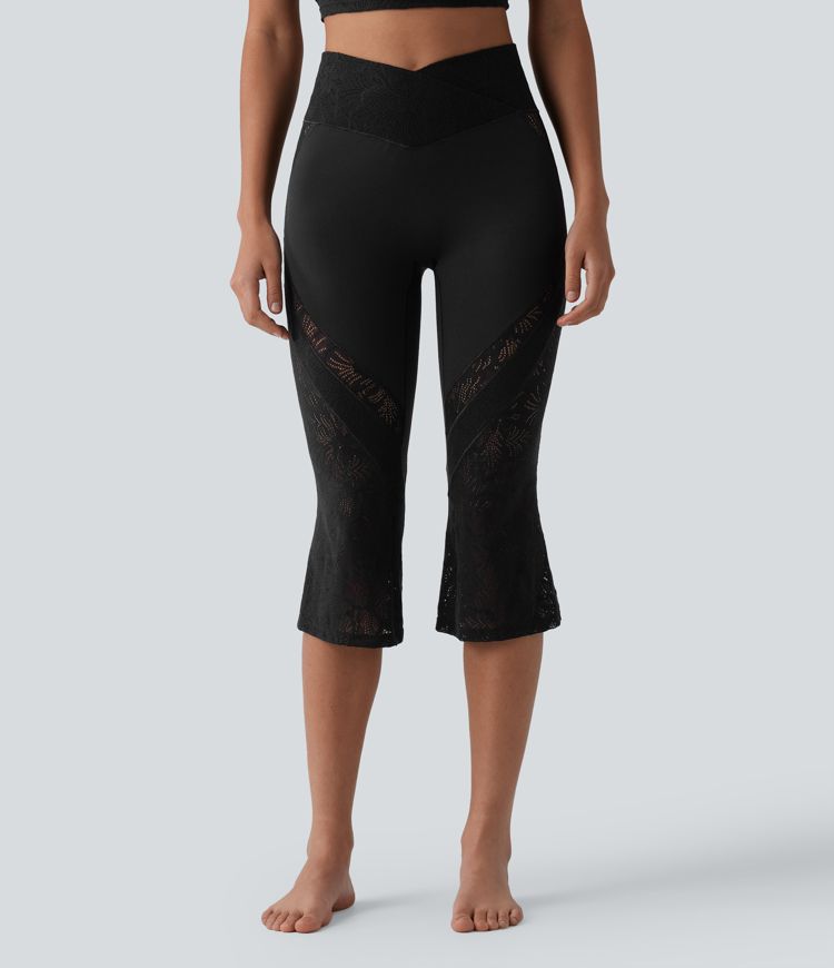 SoftlyZero™ legíny na jogu s vysokým pásom a prekríženým pásom, s kontrastnou čipkou, bootcut (pedal pusher), s vreckom