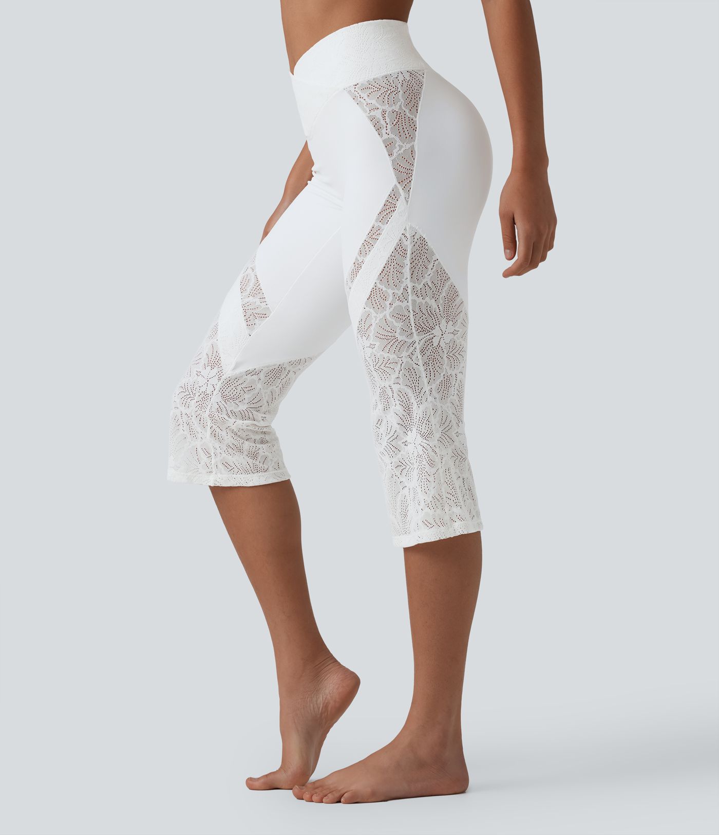 SoftlyZero™ High Waisted Crossover Contrast Lace Bootcut Pedal Pusher Yoga Leggings with Pocket