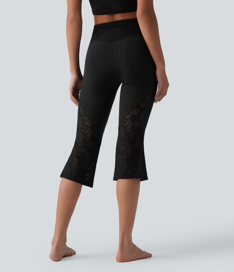 SoftlyZero™ legíny na jogu s vysokým pásom a prekríženým pásom, s kontrastnou čipkou, bootcut (pedal pusher), s vreckom