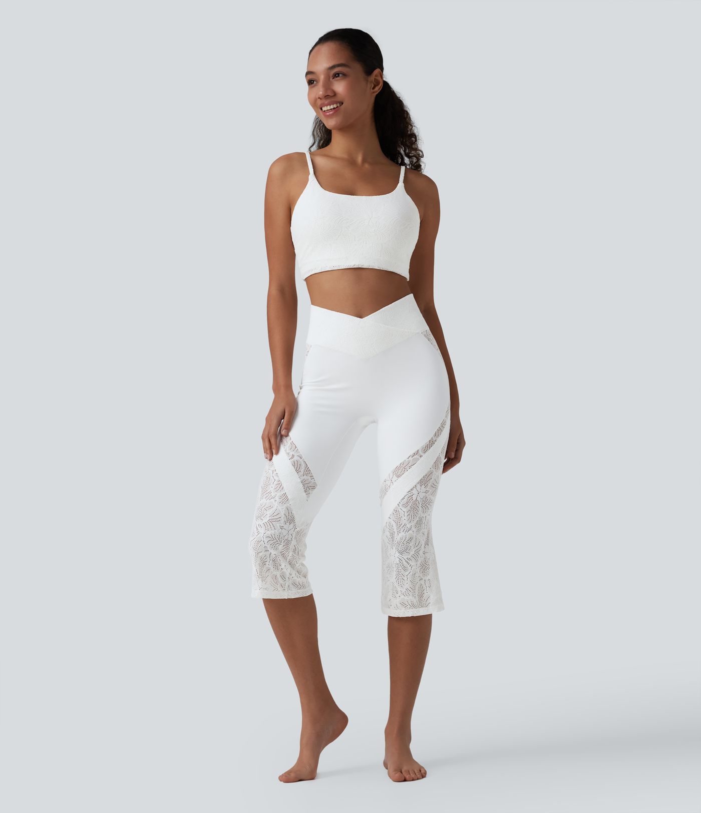 SoftlyZero™ High Waisted Crossover Contrast Lace Bootcut Pedal Pusher Yoga Leggings with Pocket