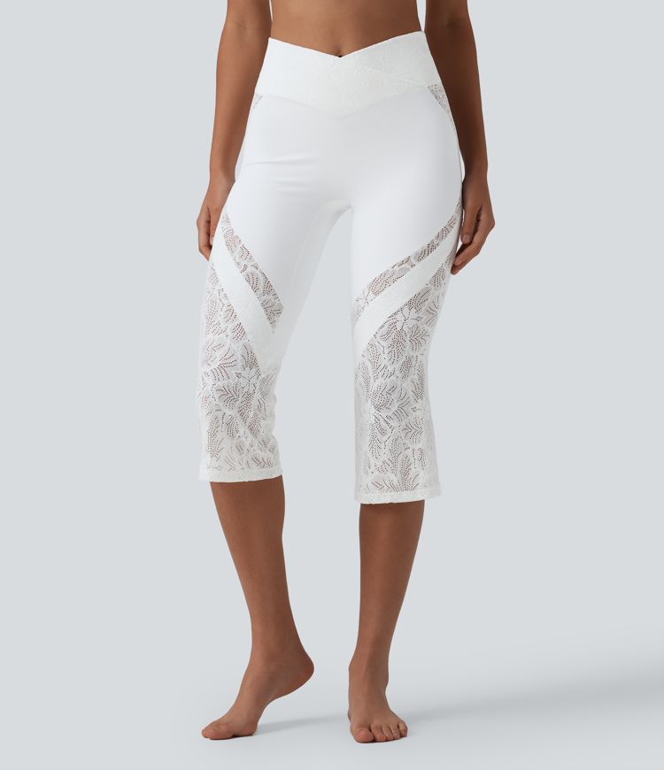 SoftlyZero™ High Waisted Crossover Contrast Lace Bootcut Pedal Pusher Yoga Leggings with Pocket