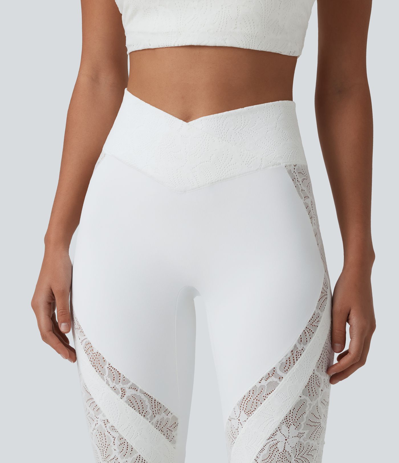 SoftlyZero™ High Waisted Crossover Contrast Lace Bootcut Pedal Pusher Yoga Leggings with Pocket