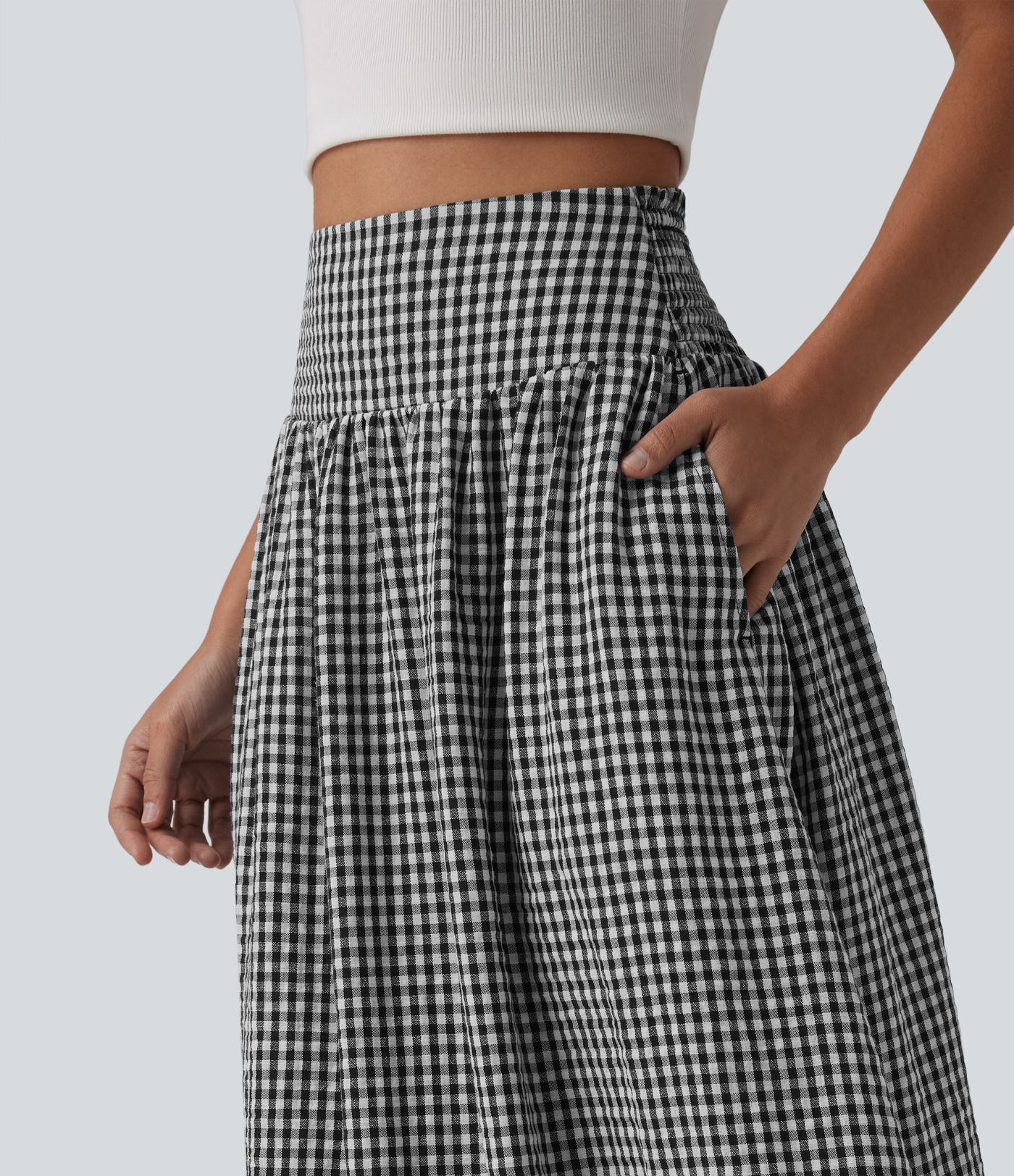 Jupe mi-longue fluide taille haute à carreaux avec poches