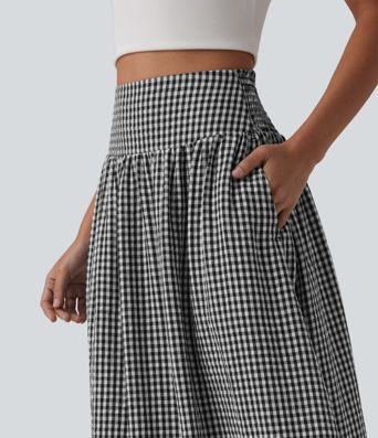 Jupe mi-longue fluide taille haute à carreaux avec poches