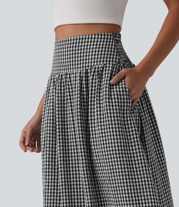 Jupe mi-longue fluide taille haute à carreaux avec poches
