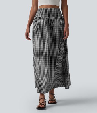 Jupe mi-longue fluide taille haute à carreaux avec poches