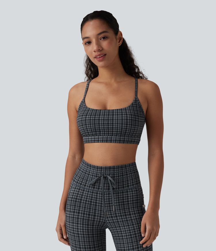 Storm Gray Check Plaid Halara UltraSculpt™ sujetador deportivo para yoga de baja sujeción con estampado de cuadros / 2
