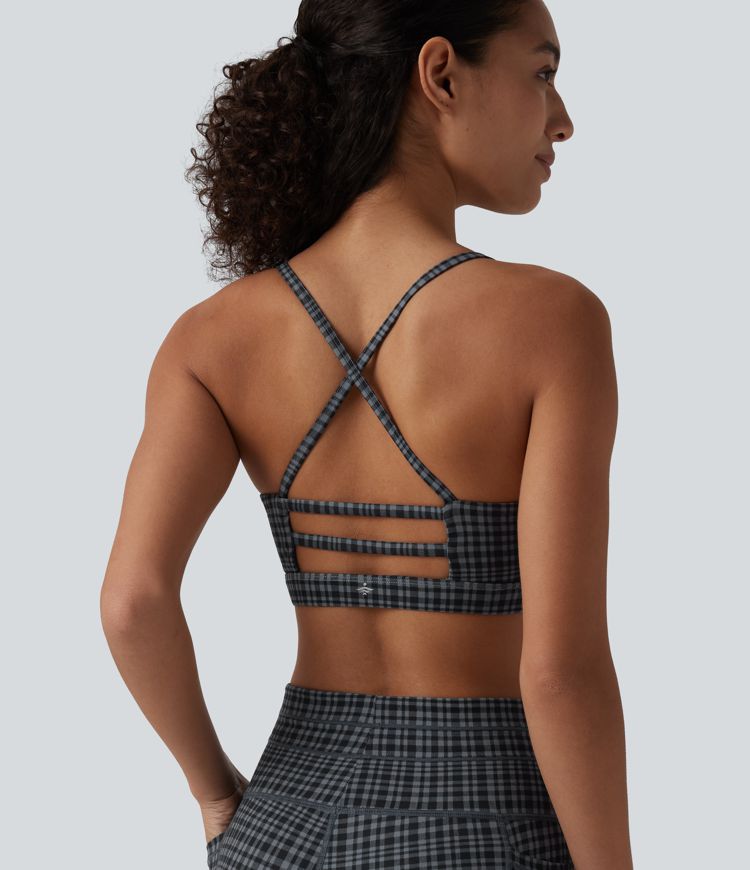 Storm Gray Check Plaid Halara UltraSculpt™ sujetador deportivo para yoga de baja sujeción con estampado de cuadros / 1