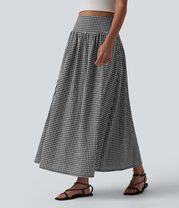 Jupe mi-longue fluide taille haute à carreaux avec poches