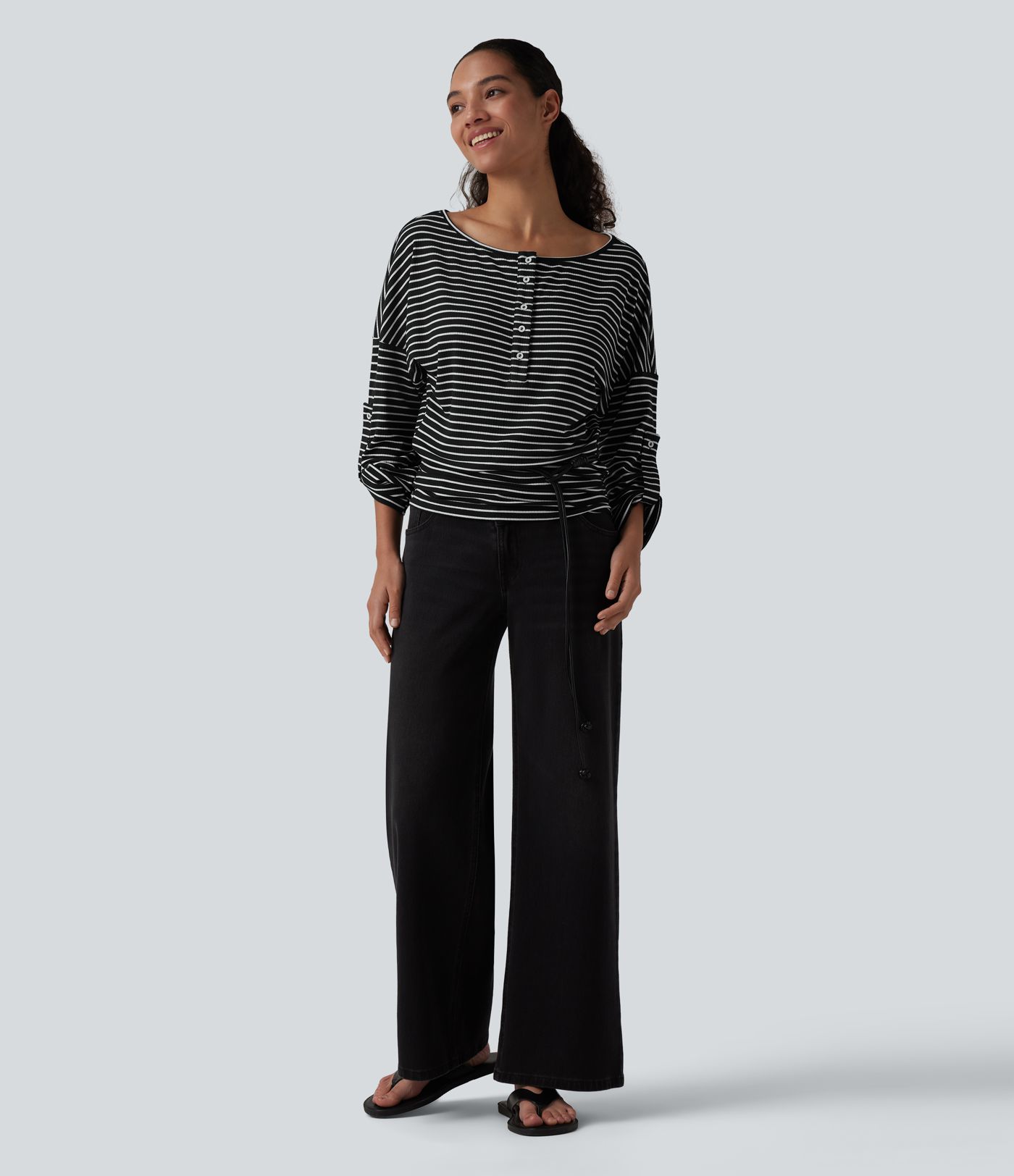 Henley Neck Long Sleeve Stripe Casual Top