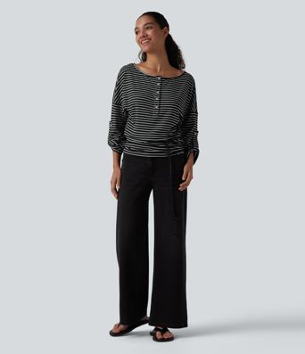 Henley Neck Long Sleeve Stripe Casual Top