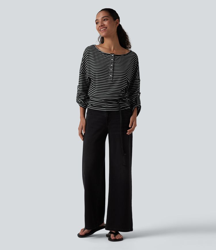 Henley Neck Long Sleeve Stripe Casual Top