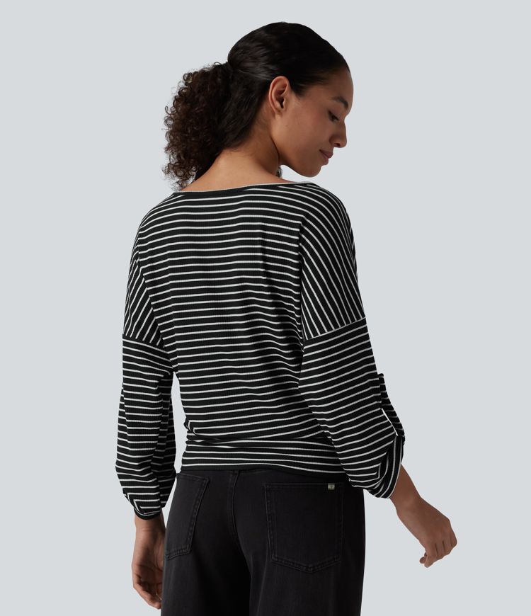 Henley Neck Long Sleeve Stripe Casual Top