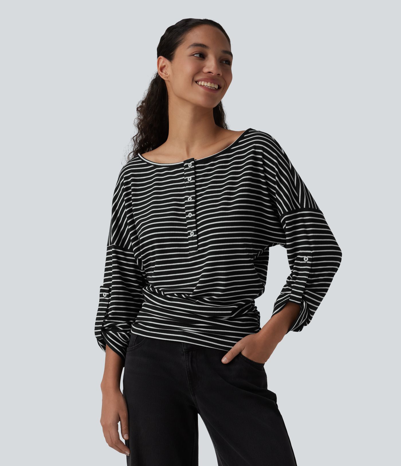 Henley Neck Long Sleeve Stripe Casual Top