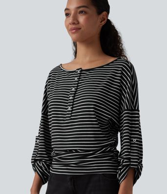 Henley Neck Long Sleeve Stripe Casual Top