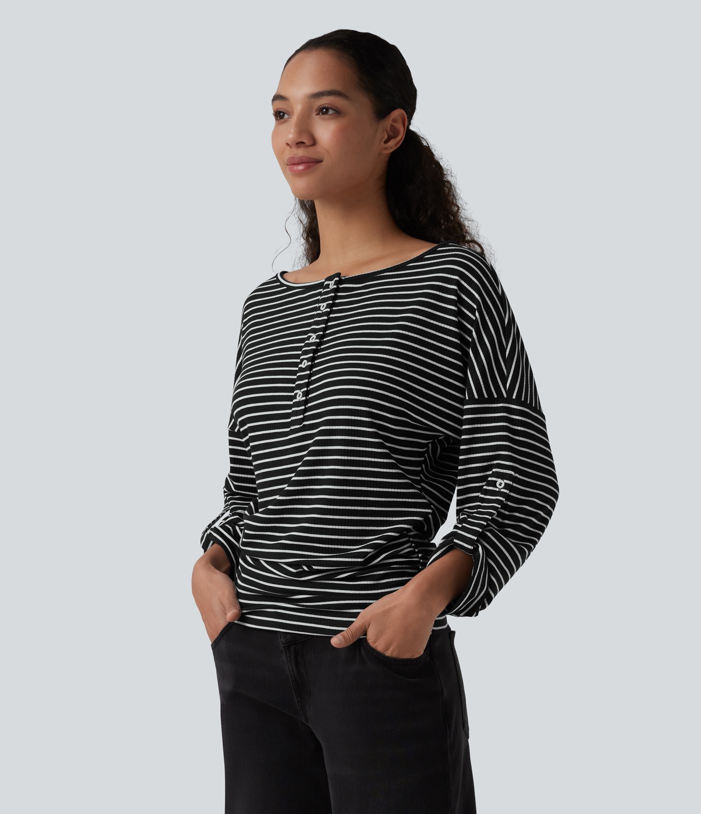 Henley Neck Long Sleeve Stripe Casual Top