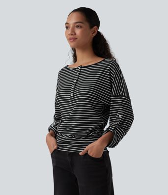 Henley Neck Long Sleeve Stripe Casual Top