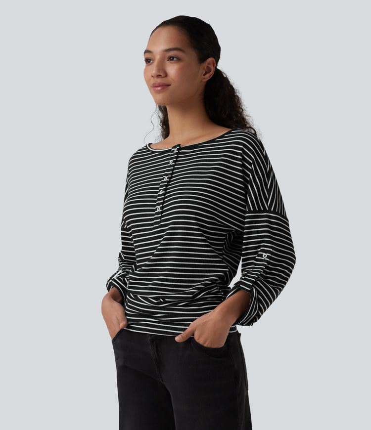 Henley Neck Long Sleeve Stripe Casual Top
