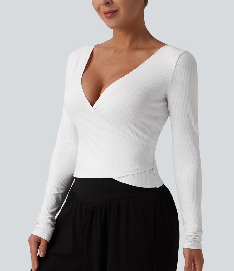 Yoga-Top mit Rippstrick mit V-Ausschnitt und langen Ärmeln