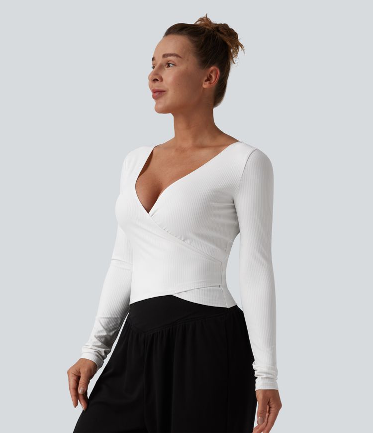 Yoga-Top mit Rippstrick mit V-Ausschnitt und langen Ärmeln