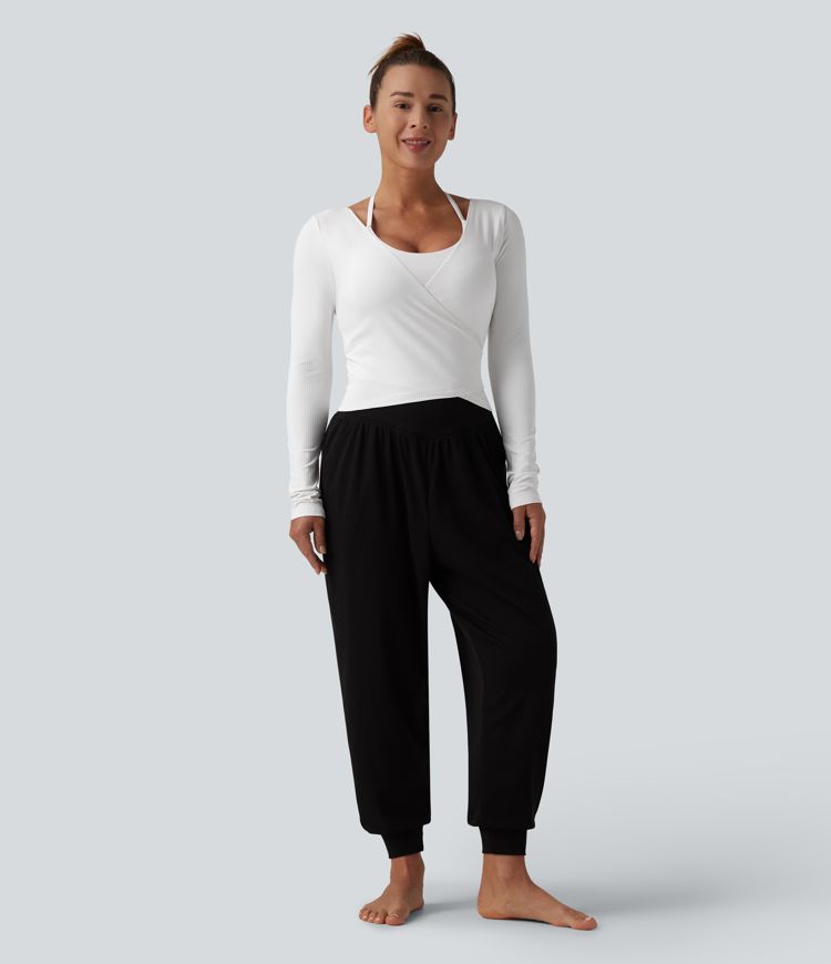 Yoga-Top mit Rippstrick mit V-Ausschnitt und langen Ärmeln