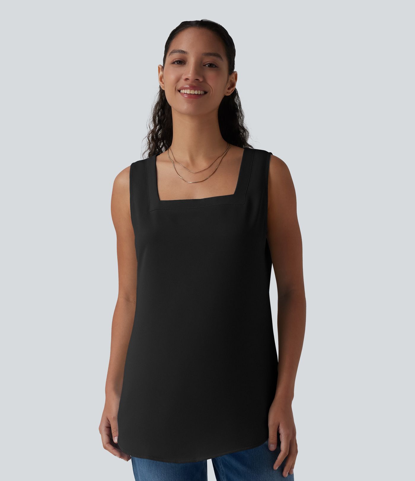 Square Neck Curved Hem Casual Tank Top