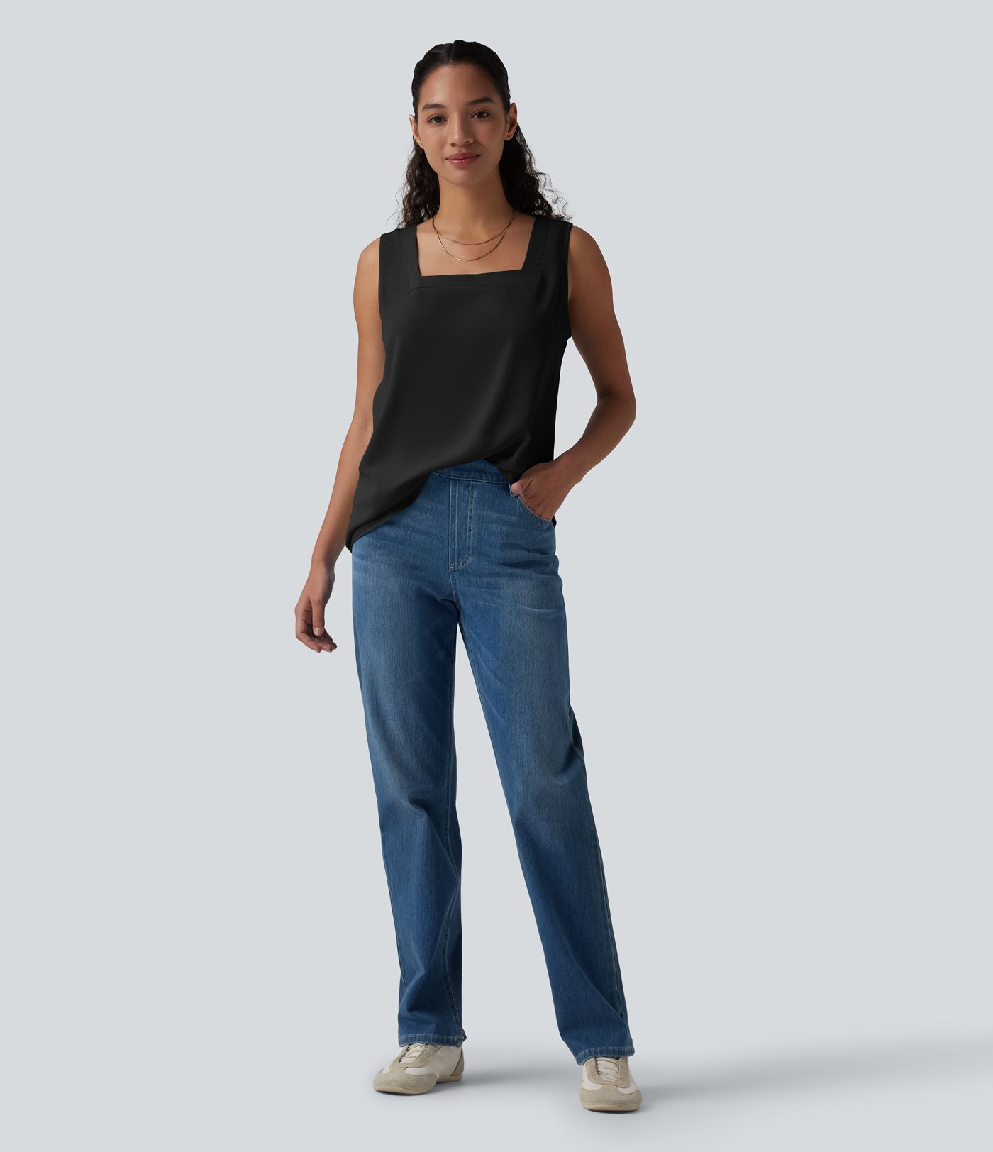 Square Neck Curved Hem Casual Tank Top