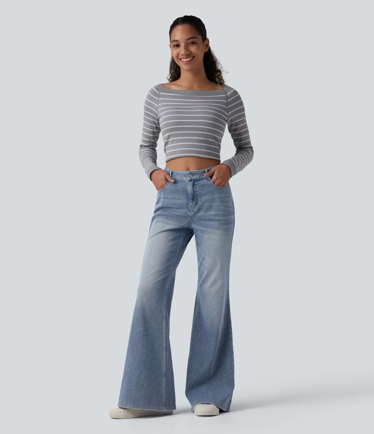 Halara Flex™ Mid Rise Washed Casual Flare Jeans with Pockets