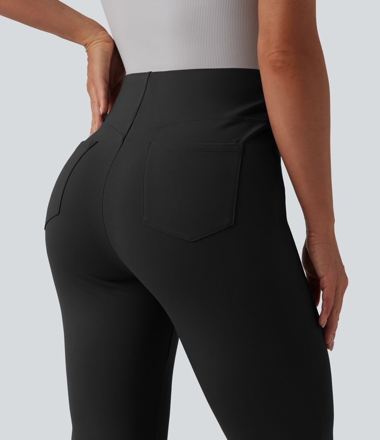 Schlaghose mit hohem V-förmigem Bund, Gesäßtaschen und Bauchkontrolle