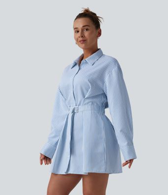 Lässiges Hemd-Minikleid mit langen Ärmeln, Streifen und Gürtel