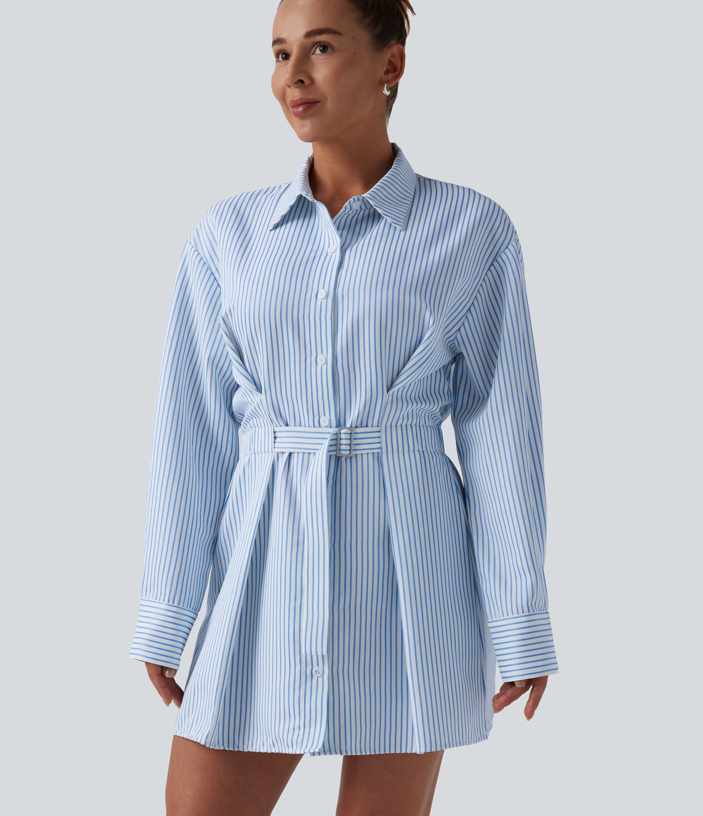 Lässiges Hemd-Minikleid mit langen Ärmeln, Streifen und Gürtel