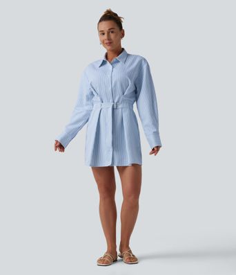 Lässiges Hemd-Minikleid mit langen Ärmeln, Streifen und Gürtel