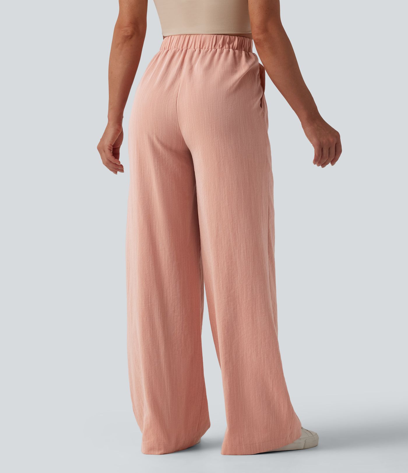 High Waisted Crossover Wide Leg Casual Linen-Feel Pants with Pockets