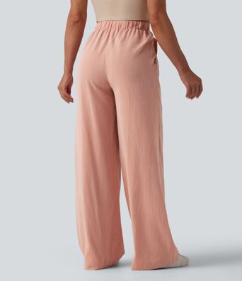 High Waisted Crossover Wide Leg Casual Linen-Feel Pants with Pockets
