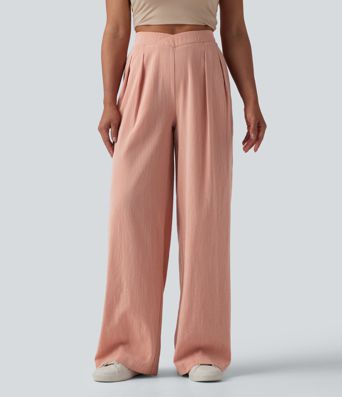 High Waisted Crossover Wide Leg Casual Linen-Feel Pants with Pockets