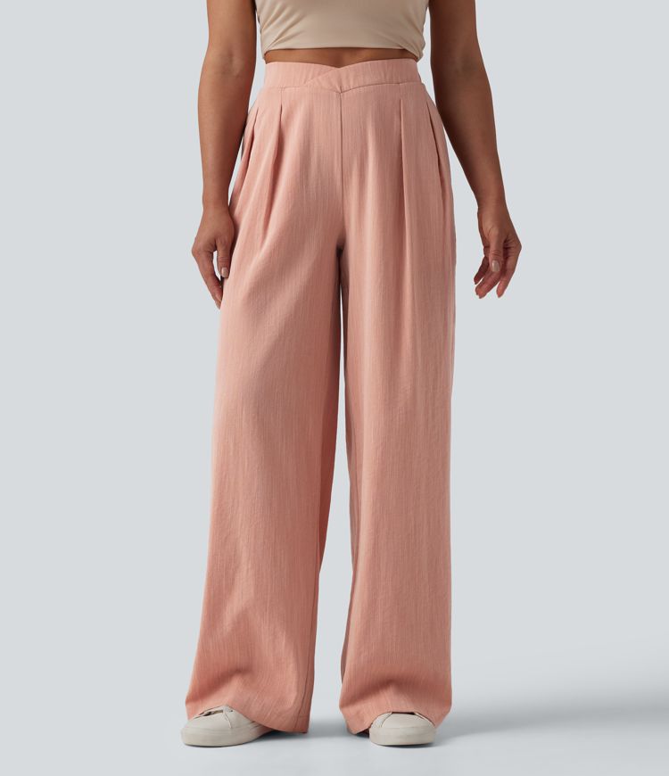 High Waisted Crossover Wide Leg Casual Linen-Feel Pants with Pockets
