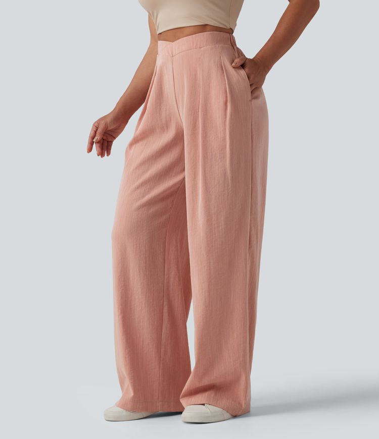 Women's High Waisted Crossover Wide Leg Casual Linen-Feel Pants