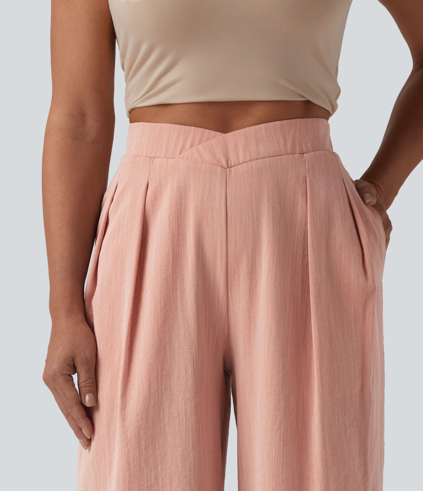 High Waisted Crossover Wide Leg Casual Linen-Feel Pants with Pockets