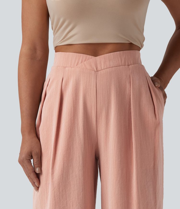 High Waisted Crossover Wide Leg Casual Linen-Feel Pants with Pockets